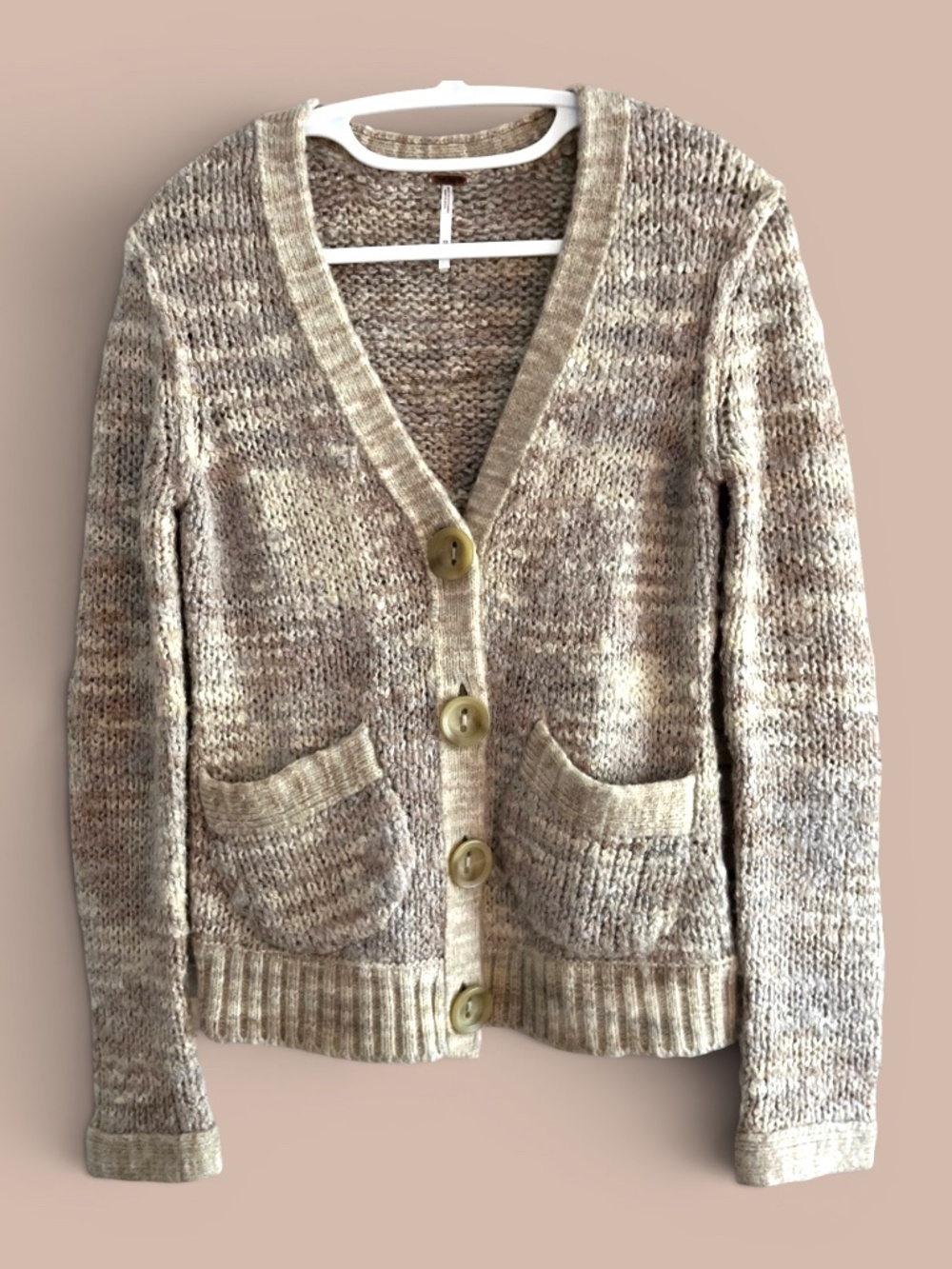 Free People Tan and Gray Variegated V-Neck Cardigan Size XS